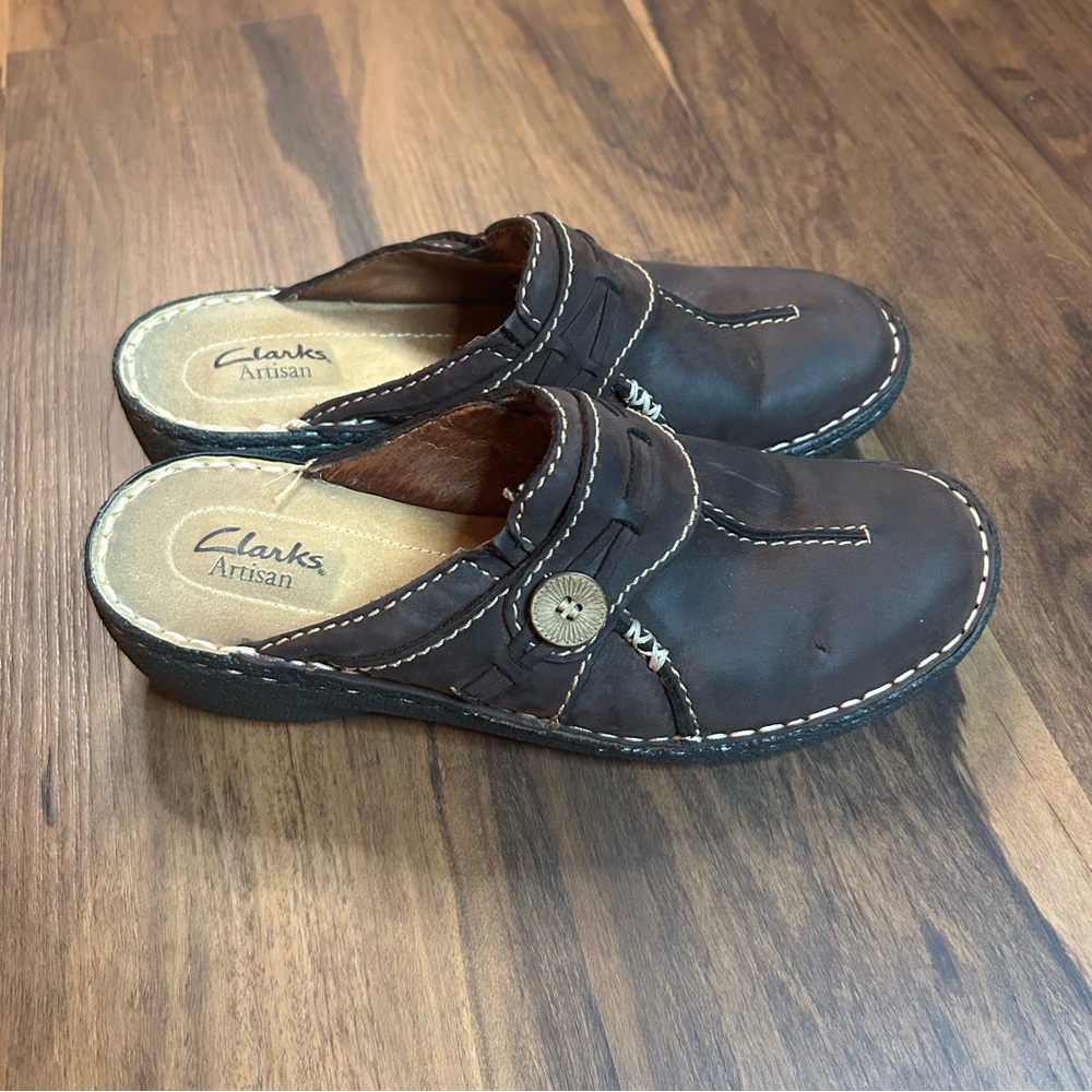 Clarks Brown Leather Slip-On Clogs with Button Detail